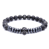 Brand Trendy Natural Beads Strand Bracelet Micro Pave CZ Skeleton Skull Black Lava Rock Stone Energy Men European Buddha Jewelry