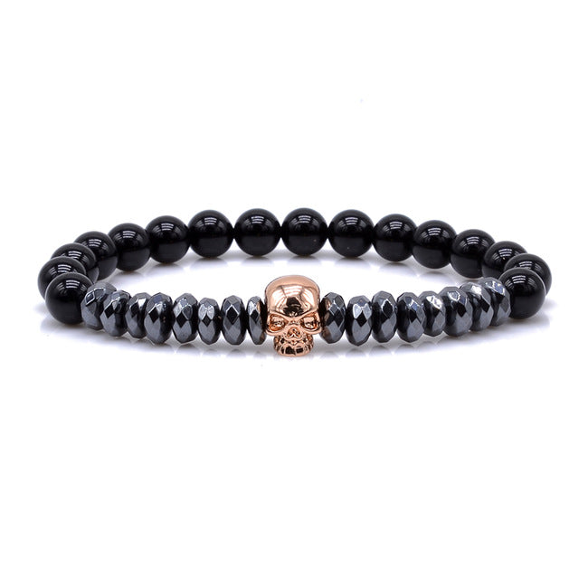 Brand Trendy Natural Beads Strand Bracelet Micro Pave CZ Skeleton Skull Black Lava Rock Stone Energy Men European Buddha Jewelry