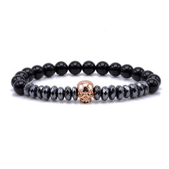 Brand Trendy Natural Beads Strand Bracelet Micro Pave CZ Skeleton Skull Black Lava Rock Stone Energy Men European Buddha Jewelry
