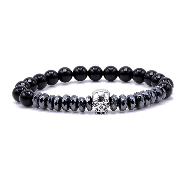Brand Trendy Natural Beads Strand Bracelet Micro Pave CZ Skeleton Skull Black Lava Rock Stone Energy Men European Buddha Jewelry
