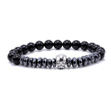 Brand Trendy Natural Beads Strand Bracelet Micro Pave CZ Skeleton Skull Black Lava Rock Stone Energy Men European Buddha Jewelry