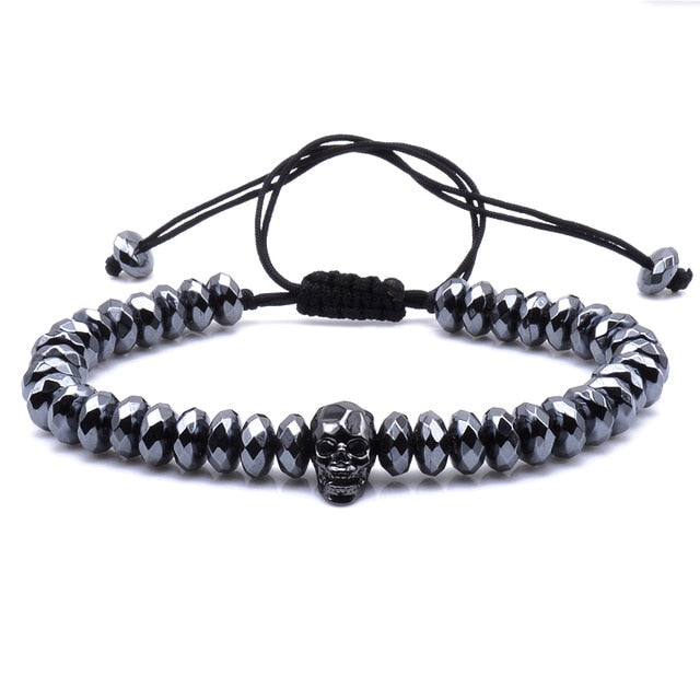 Brand Trendy Natural Beads Strand Bracelet Micro Pave CZ Skeleton Skull Black Lava Rock Stone Energy Men European Buddha Jewelry