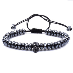 Brand Trendy Natural Beads Strand Bracelet Micro Pave CZ Skeleton Skull Black Lava Rock Stone Energy Men European Buddha Jewelry