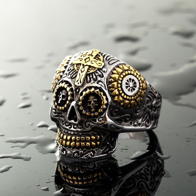 Hiphop Cool Men's Gothic Carving Ring Stainless Steel High Quality cross Skull ring Jewelry For man free shipping