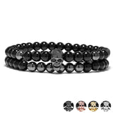 YUXI Steampunk Metal Smile Skull Bracelets Set Elastic Black Beads Chain Skeleton Men Bracelets Sets Male Hand Accessories