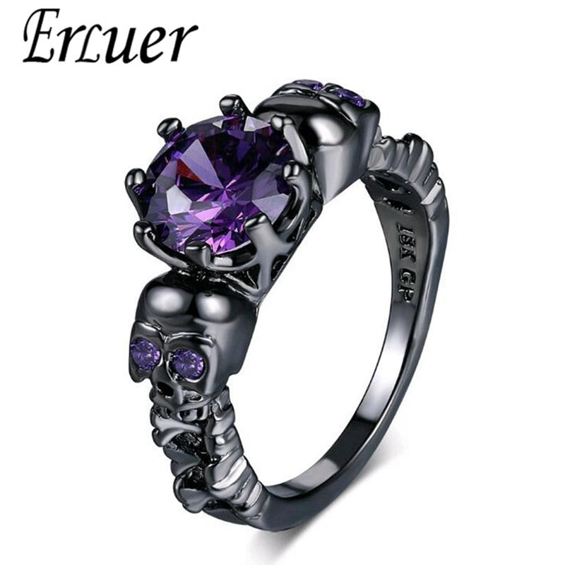 Austrian Gothic Black Gun Plated Style Retro Skull Rings For Women Purple Crystal CZ Wedding Jewelry party trendy love gift Ring