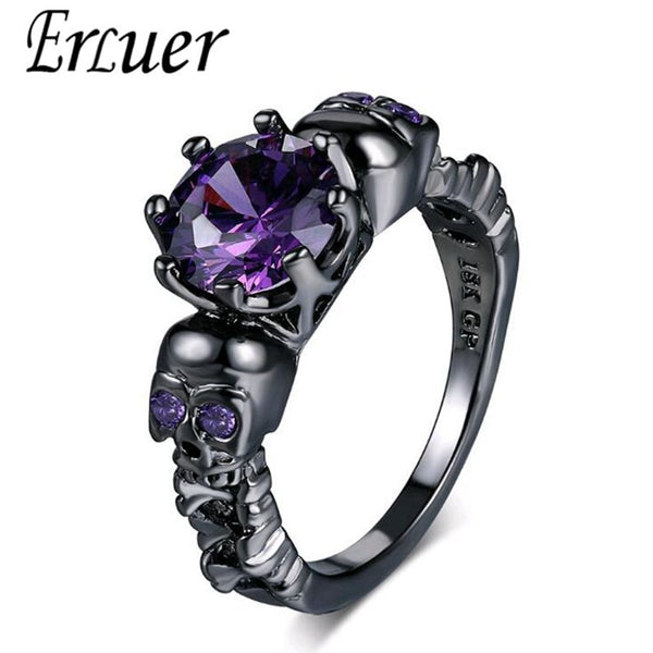 Austrian Gothic Black Gun Plated Style Retro Skull Rings For Women Purple Crystal CZ Wedding Jewelry party trendy love gift Ring