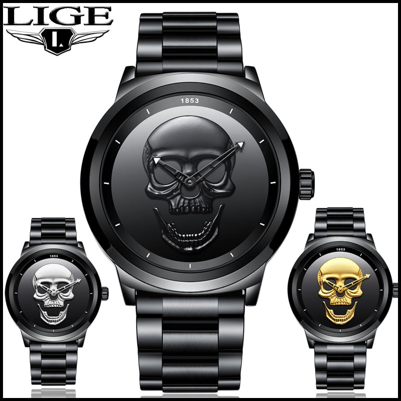 2018 Cool Punk 3D Skull Men Watch Brand LIGE Luxury Steel Quartz Male Watches Waterproof Retro Fashion Gold Black Clock Relogio