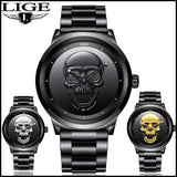 2018 Cool Punk 3D Skull Men Watch Brand LIGE Luxury Steel Quartz Male Watches Waterproof Retro Fashion Gold Black Clock Relogio