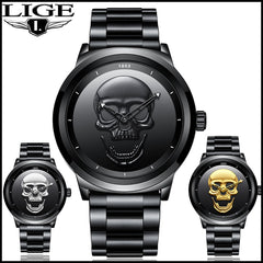 2018 Cool Punk 3D Skull Men Watch Brand LIGE Luxury Steel Quartz Male Watches Waterproof Retro Fashion Gold Black Clock Relogio