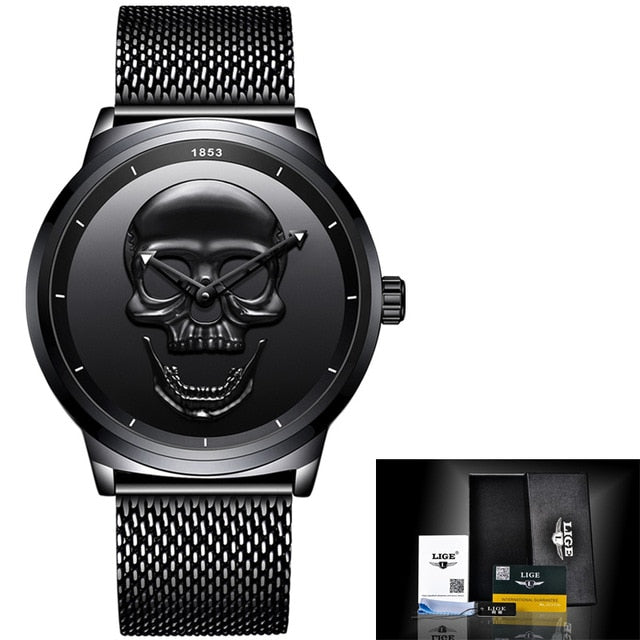 2018 Cool Punk 3D Skull Men Watch Brand LIGE Luxury Steel Quartz Male Watches Waterproof Retro Fashion Gold Black Clock Relogio