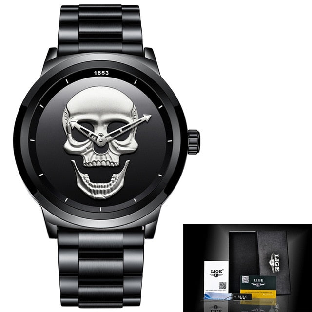 2018 Cool Punk 3D Skull Men Watch Brand LIGE Luxury Steel Quartz Male Watches Waterproof Retro Fashion Gold Black Clock Relogio