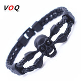 Vintage Black Skull Bracelets Bangles Hand Made Top Quality Length 210mm Leather Bracelet Skeleton Charm Bracelet Men Jewelry