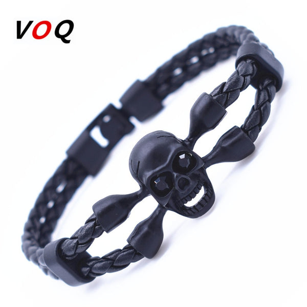 Vintage Black Skull Bracelets Bangles Hand Made Top Quality Length 210mm Leather Bracelet Skeleton Charm Bracelet Men Jewelry