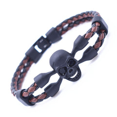 Vintage Black Skull Bracelets Bangles Hand Made Top Quality Length 210mm Leather Bracelet Skeleton Charm Bracelet Men Jewelry