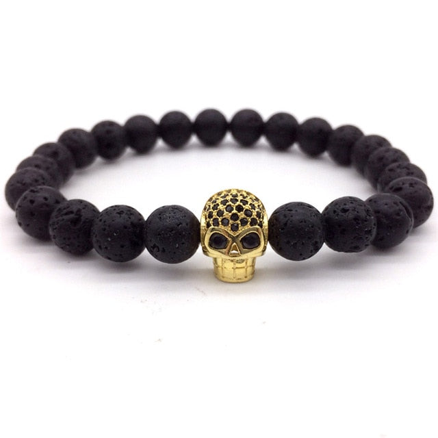NAIQUBE Skull Men Bracelets 8mm Lava Beads Classic Simple Stone Beads Charm Bracelet For Men Jewelry Gift