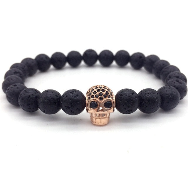 NAIQUBE Skull Men Bracelets 8mm Lava Beads Classic Simple Stone Beads Charm Bracelet For Men Jewelry Gift